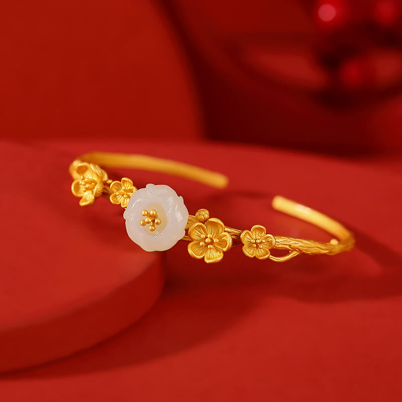 KarmaRipple's 925 Sterling Silver Plated Gold Hetian Jade Plum Blossom Fortune Pendant Necklace Bracelet Bangle Ring p3