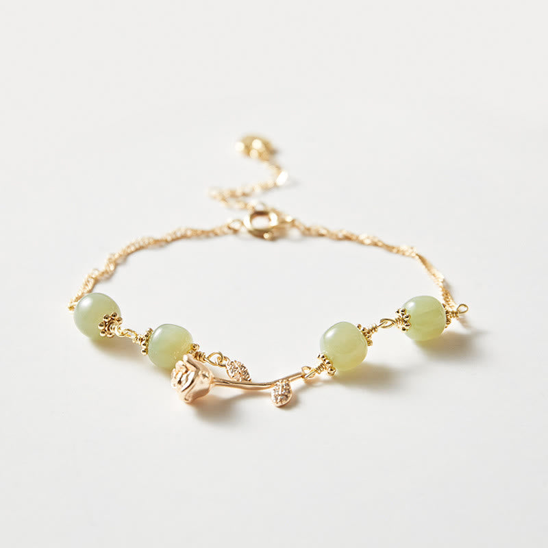 KarmaRipple's 14K Gold Plated Hetian Jade Golden Rose Flower Fortune Chain Bracelet p2
