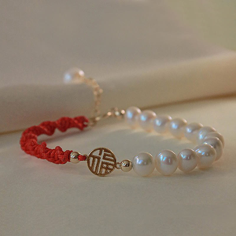 KarmaRipple's 14K Gold Plated Pearl Bead Fortune Protection Braid Red String Bracelet p29