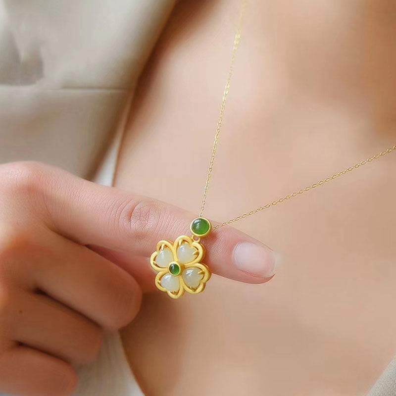 KarmaRipple's 925 Sterling Silver Fortunate Four Leaf Clover Jade Prosperity Pendant Chain Necklace p5