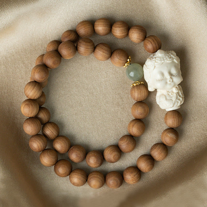 KarmaRipple's Sandalwood Hetian Jade Ivory Fruit Green Tara Protection Bracelet p9