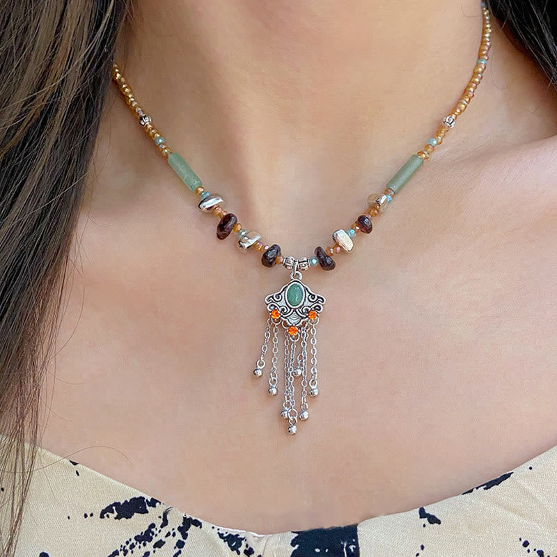 KarmaRipple's Tibetan Gemstone Stone Bronze Fortune Tassel Pendant Necklace p1