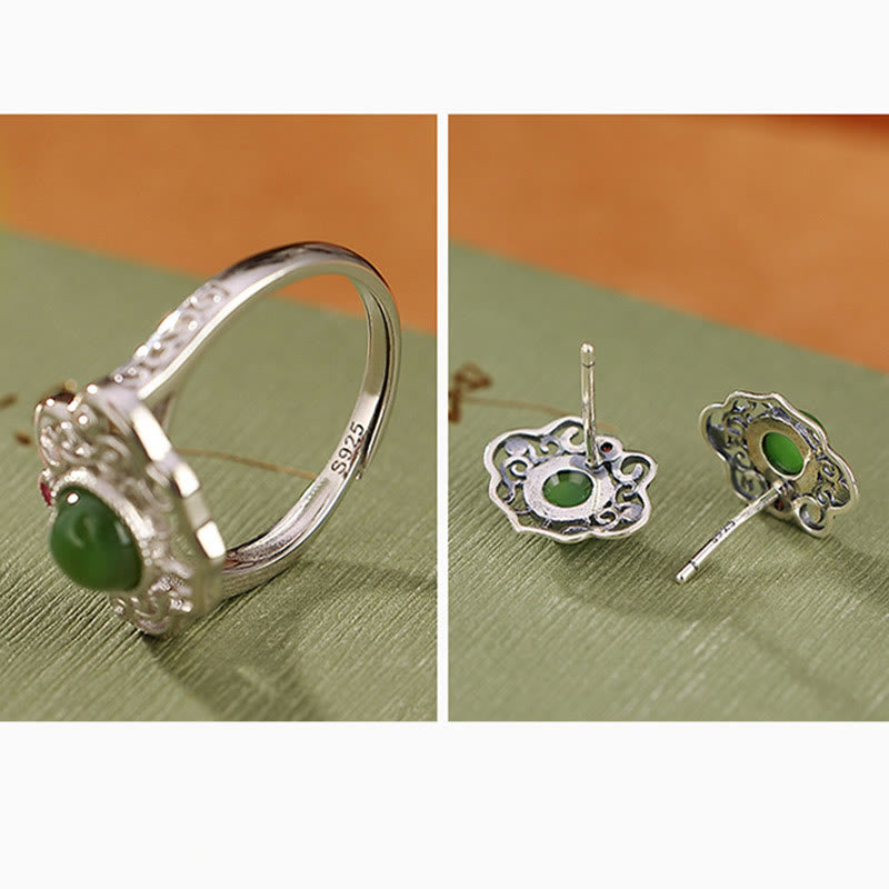 KarmaRipple's 925 Sterling Silver Authentic Hetian Cyan Jade Hollow Design Fortune Ring Earrings Set p13