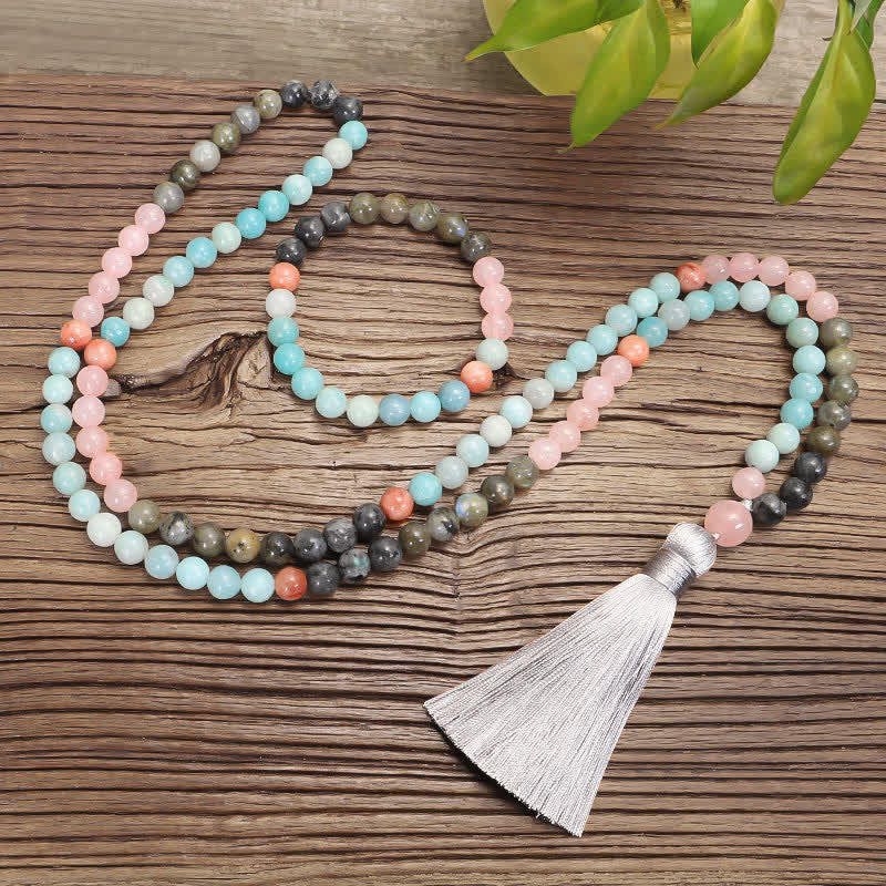 KarmaRipple's 108 Mala Beadwork Amazonite Black Glitter Stone'sitive Tassel Bracelet ( p7