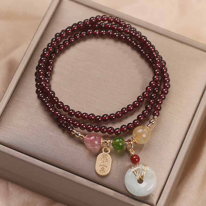 KarmaRipple's Authentic Garnet Strawberry Quartz Gemstone Fox Koi Fish Peace Buckle Fortune Protection Triple Wrap Bracelet p16