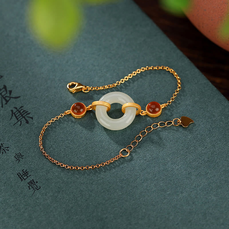 KarmaRipple's 925 Sterling Silver Plated Gold Authentic Hetian Jade Peace Buckle Red Agate Fortune Bracelet p3