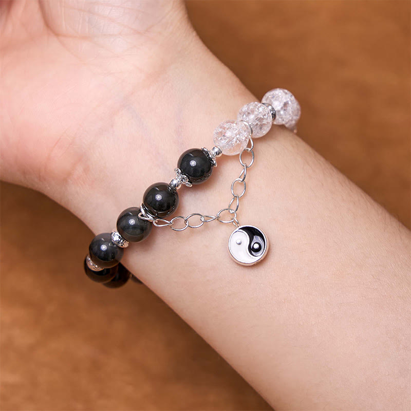 KarmaRipple's Silver Sheen Obsidian Crackle Clear Quartz Black Rutilated Quartz Yin Yang Lotus Protection Bracelet p7