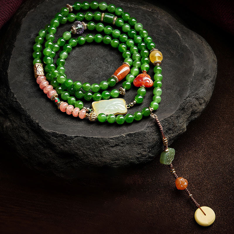 KarmaRipple's 108 Mala Beadwork Cyan Jade Red Agate Laughing Buddha Fortune Bracelet p1