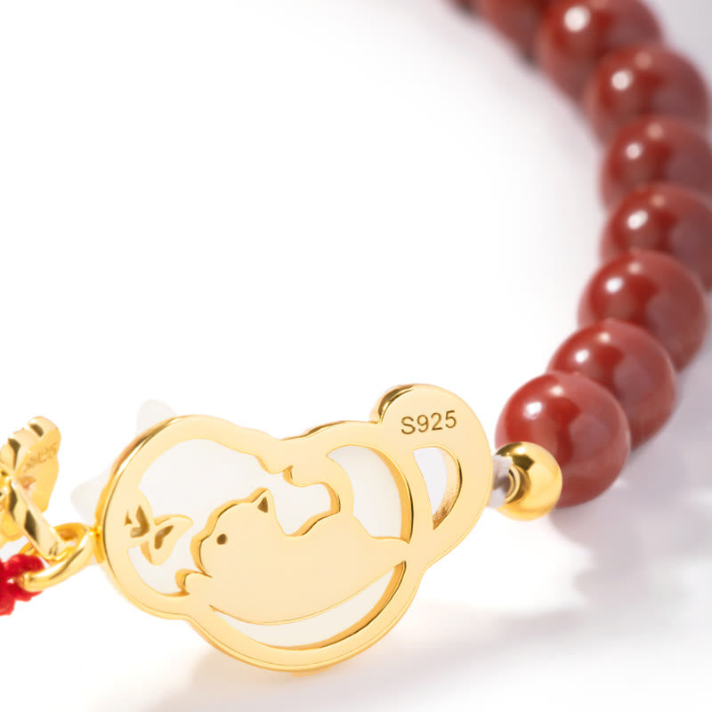 KarmaRipple's 925 Sterling Silver Plated 18K Gold Hetian Jade Ruyi Cat Cinnabar Fortune Bracelet Pendant Necklace Set p11