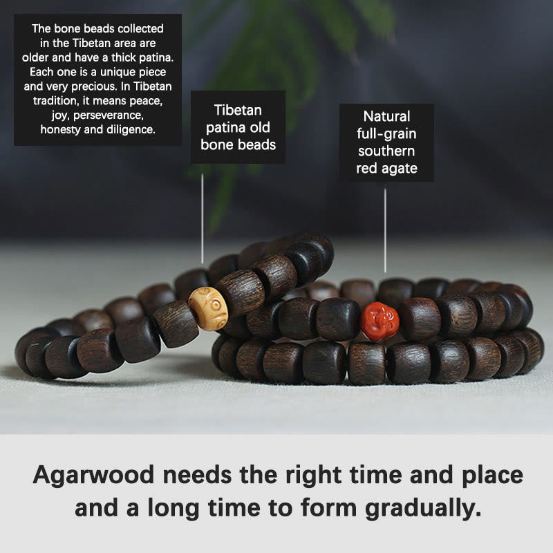 KarmaRipple's Nha Trang Rare Bai Qinan Agarwood Cyan Jade Red Agate Laughing Buddha Tibetan Bone Strength Meditation Bracelet p26