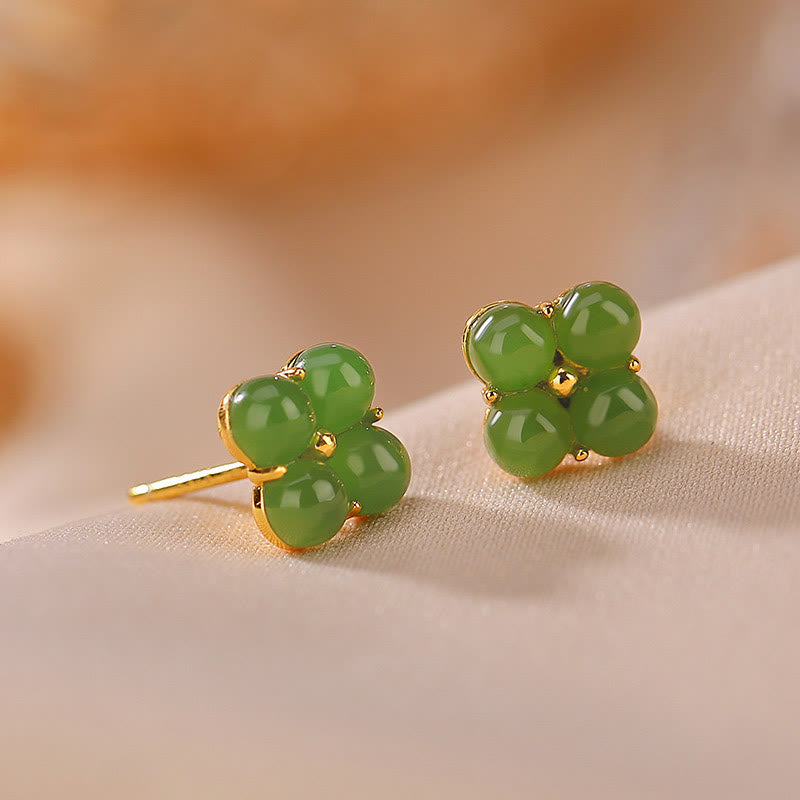 KarmaRipple's 925 Sterling Silver Plated Gold Authentic Cyan Jade Four Leaf Clover Fortune Stud Earrings p2