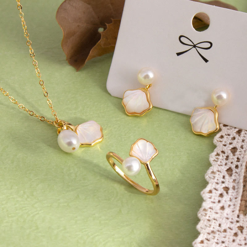 KarmaRipple's Ginkgo Tridacna Stone Pearl Bead Bronze Blessing Pendant Necklace Ring Earrings Set p1