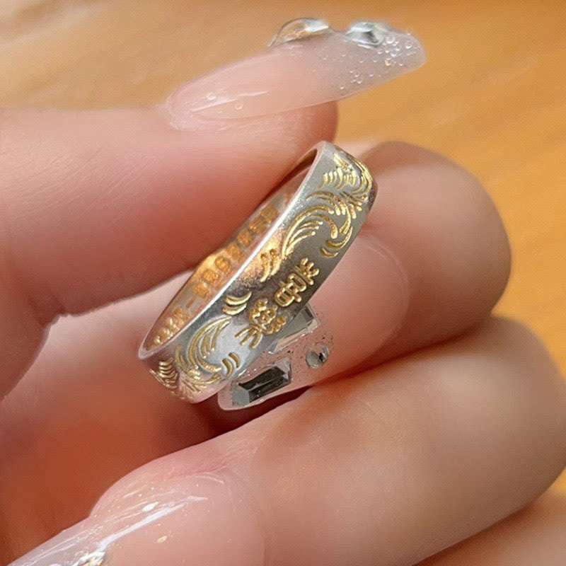 KarmaRipple's KarmaRipple 999 Sterling Silver Gold-Painted Joyful Flower Pattern Peaceful Heart Sutra Ring p8