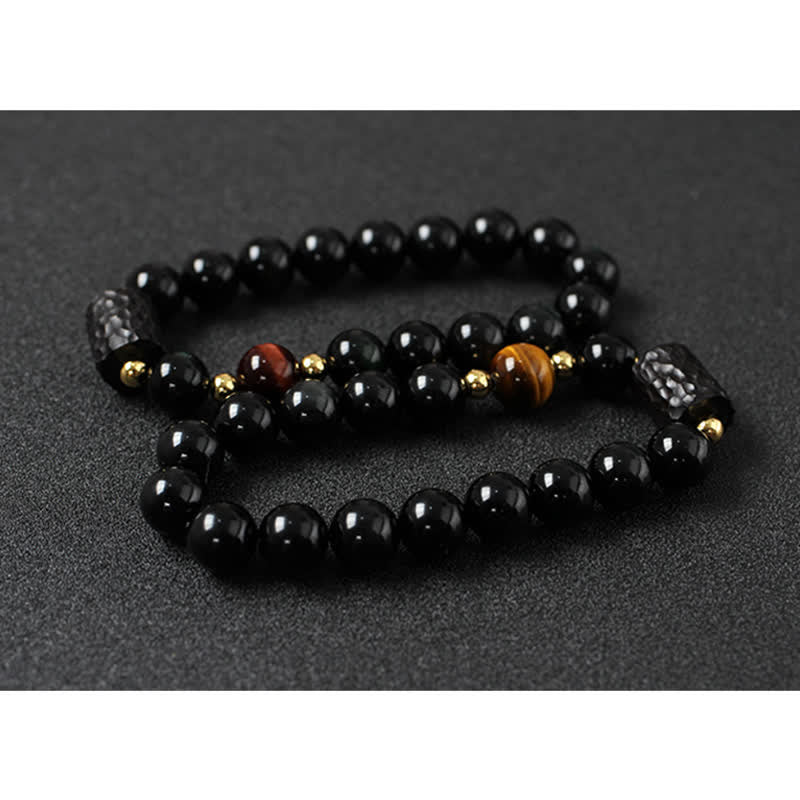 KarmaRipple's Black Obsidian Ebony Wood Red Tiger Eye Strength Pair Bracelet p16