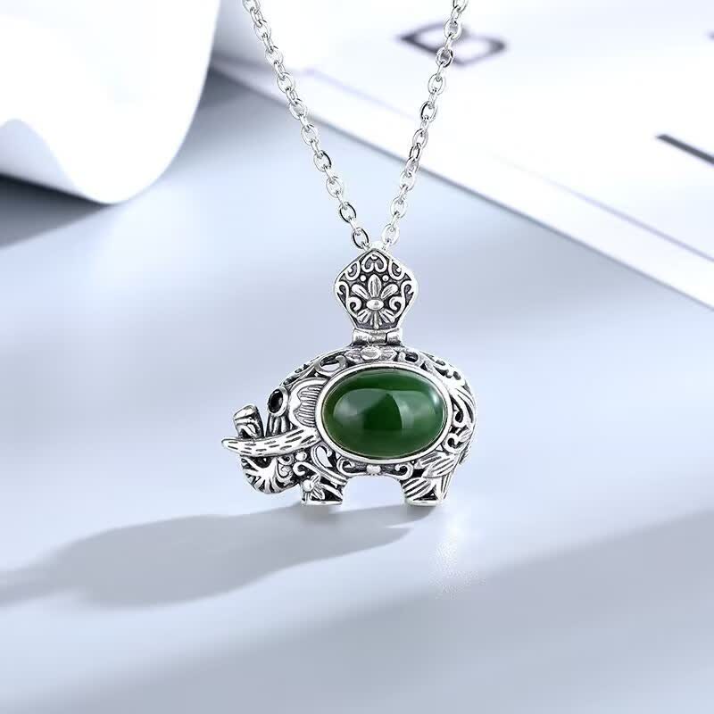 KarmaRipple's 925 Sterling Silver Hetian Cyan Jade Elephant Success Pendant Necklace p1