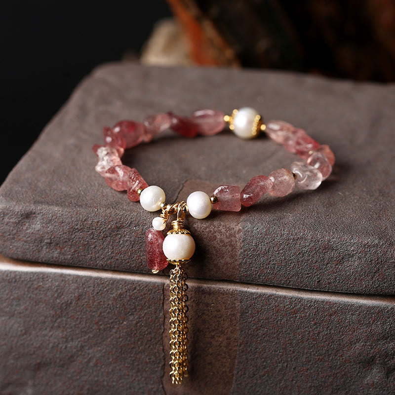 KarmaRipple's Authentic Strawberry Quartz Pearl 14k Gold Plated Love Balancing Bracelet p1