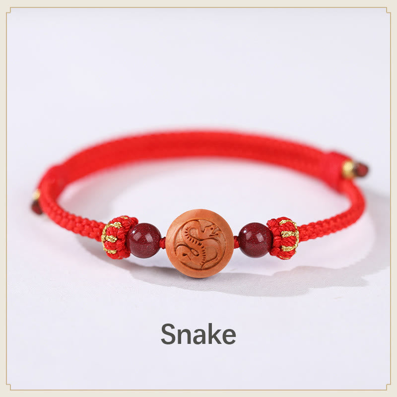 KarmaRipple's Authentic Peach Wood Chinese Zodiac Fu Character Carved Cinnabar Wealth Bracelet p5
