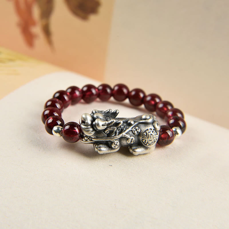 KarmaRipple's 925 Sterling Silver Authentic Garnet Moonstone Red Agate PiXiu Wealth Ring p6