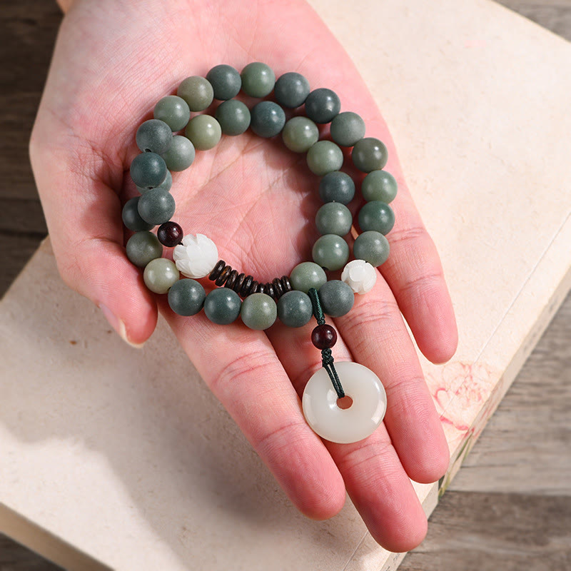 KarmaRipple's Cyan Bodhi Seed Lotus Jade Peace Buckle Wisdom Double Wrap Bracelet p5