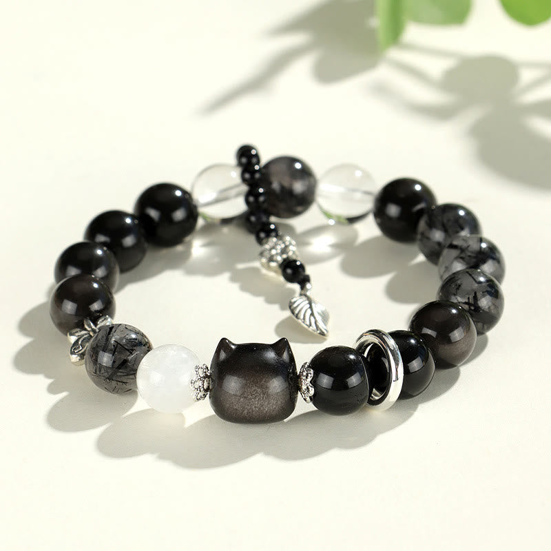 KarmaRipple's Authentic Silver Sheen Obsidian Cat Head Fox Planet Protection Bracelet p1