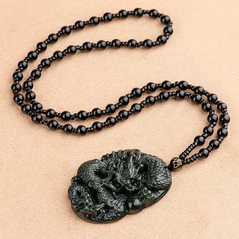 KarmaRipple's Hetian Cyan Jade Dragon Success Balance Pendant Beaded String Necklace p5