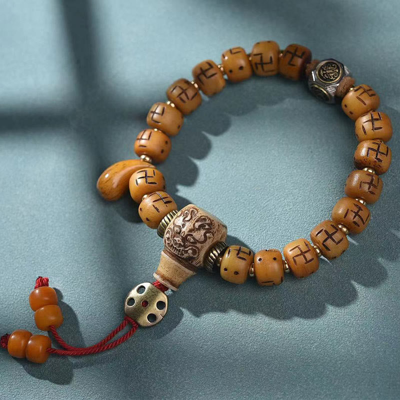 KarmaRipple's Authentic Tibetan Camel Bone Swastika Dzi Bead Shankha Buddha Talisman Kirtimukha Fortune Protection Tassel Bracelet p5