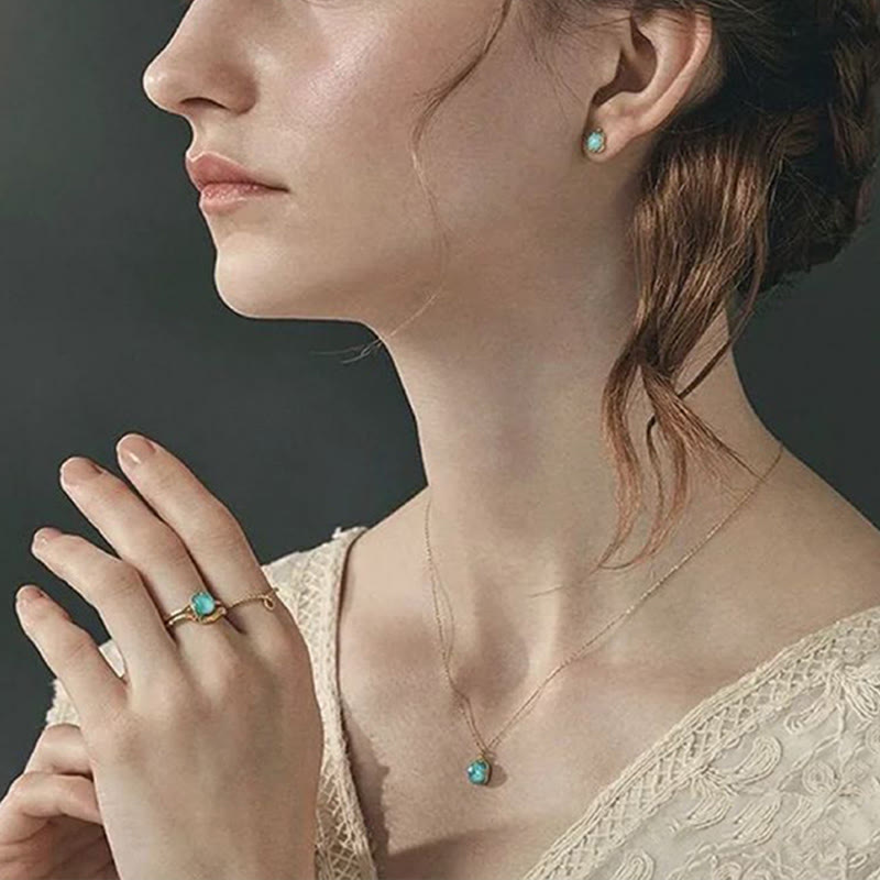 KarmaRipple's 925 Sterling Silver Plated Gold Turquoise Protection Ring Earrings Pendant Necklace Set p15