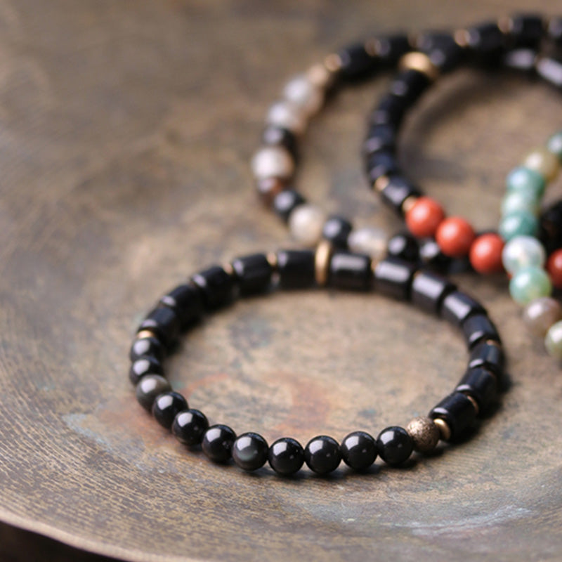KarmaRipple's Ebony Wood Red Jasper Moss Agate Gemstone Bronze Peace Pair Bracelet p12