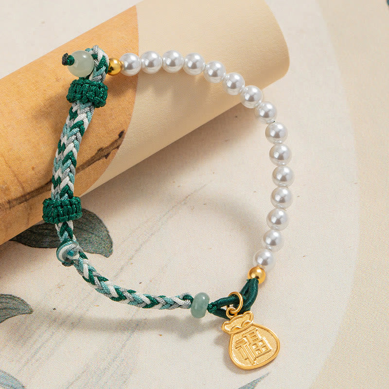 KarmaRipple's 925 Sterling Silver Fu Character Fortunate Bag Pearl Hetian Jade Wisdom Rope Bracelet p2