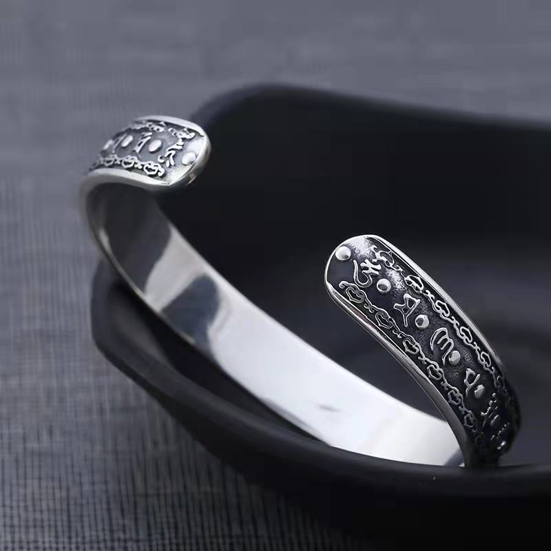 KarmaRipple's 925 Sterling Silver Om Mani Padme Hum Double Dorje Engraved Wisdom Cuff Bracelet Bangle p3