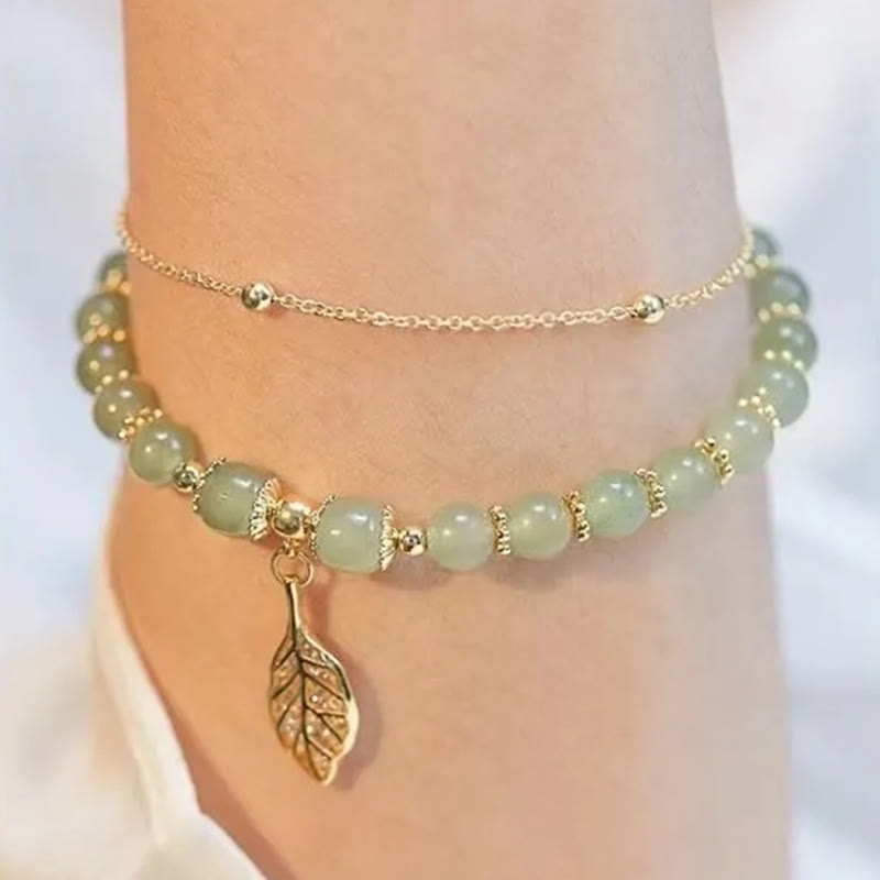 KarmaRipple's Jade Leaf Ginkgo Tulip Peanut Fu Character Fortune Beaded Bracelet p13