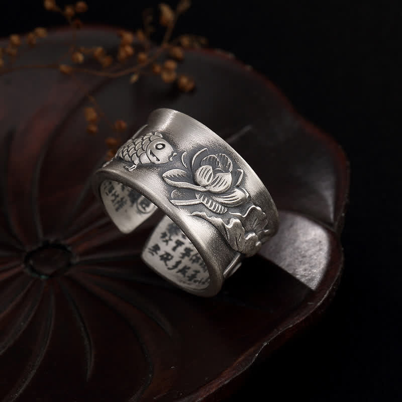 KarmaRipple's 999 Sterling Silver Fortune Koi Fish Lotus Heart Sutra Wealth Ring p2