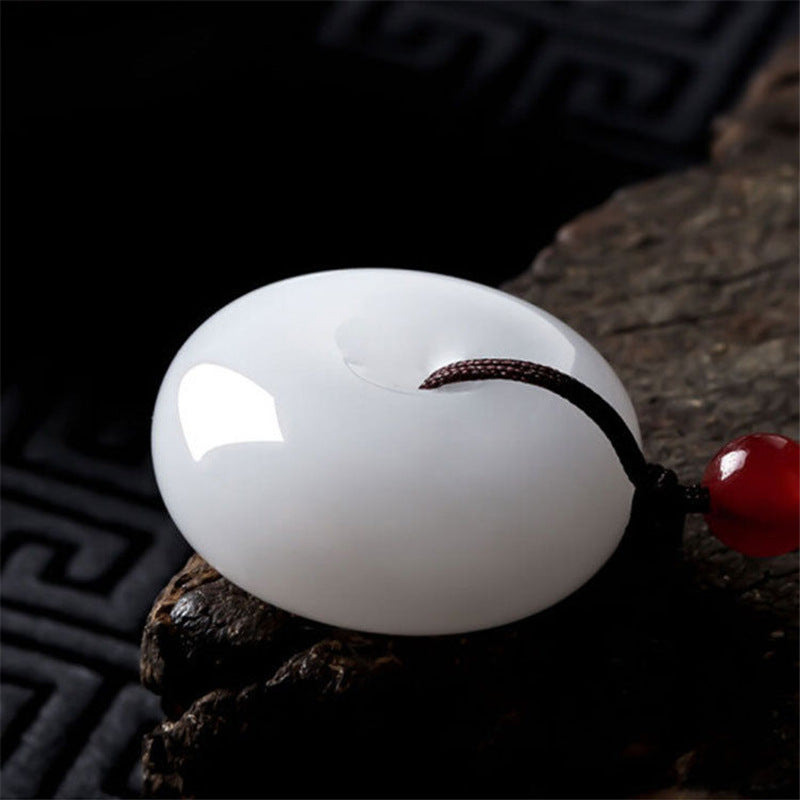 KarmaRipple's Round Hetian Ivory Jade Peace Buckle Blessing Pendant Necklace p8