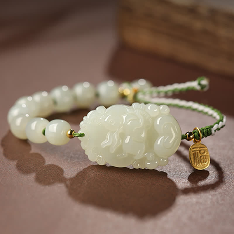 KarmaRipple's 925 Sterling Silver Chinese Zodiac Hetian Jade Happiness Fortune String Bracelet p14