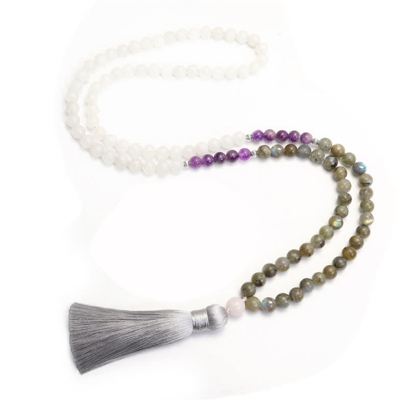 KarmaRipple's 108 Mala Beadwork Ivory Agate Amethyst Black Glitter Stone Protection Bracelet p8