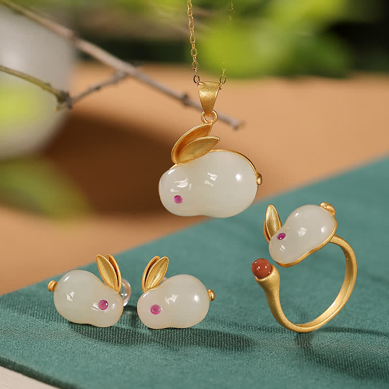 KarmaRipple's 925 Sterling Silver Year of the Rabbit Hetian Jade Fortune Ring Earrings Pendant Necklace p18