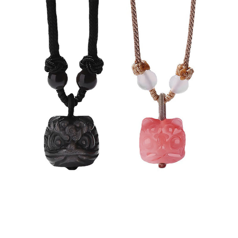 KarmaRipple's Authentic Silver Sheen Obsidian Red Agate Dancing Lion Protection Pendant Necklace p11
