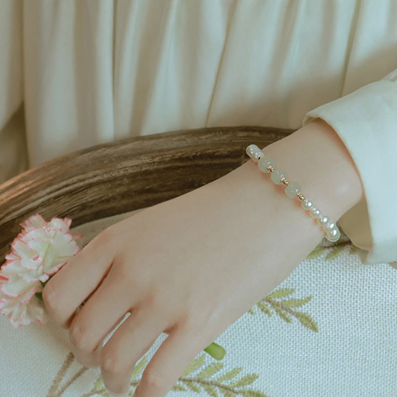KarmaRipple's 14K Gold Plated Authentic Pearl Hetian Cyan Jade Ivory Jade Sincerity Bead Chain Bracelet p24