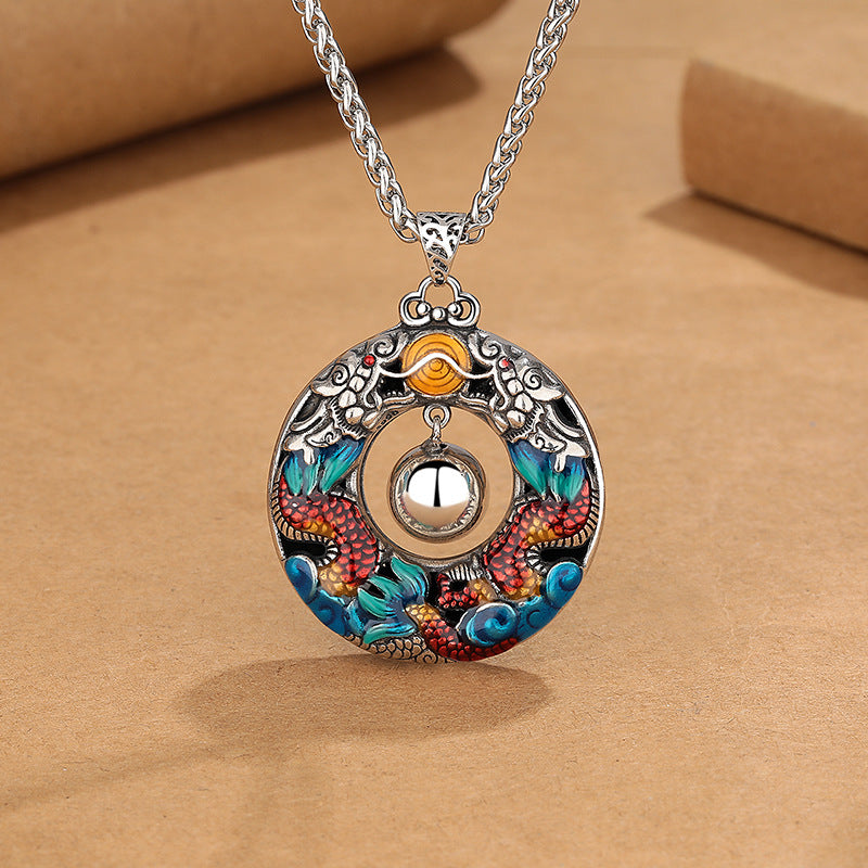 KarmaRipple's Year of the Dragon Colorful Double Dragons Playing Bead Bronze Protection Pendant Necklace p5