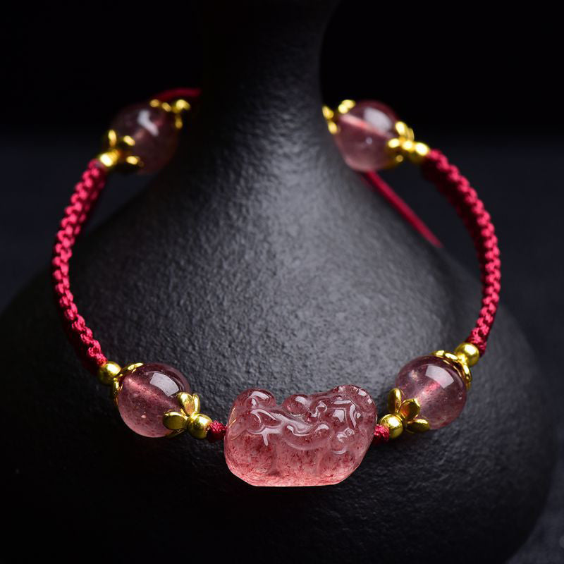 KarmaRipple's Authentic Strawberry Gemstone Pixiu Talisman Fortunate Red String Bracelet p1