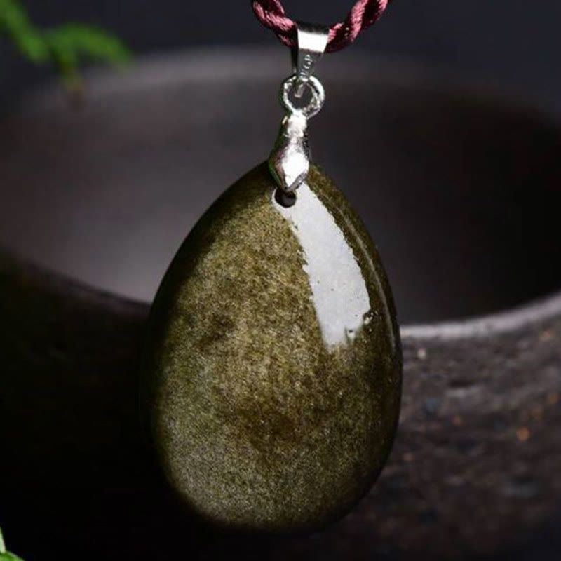 KarmaRipple's Gold Sheen Obsidian Black Obsidian Rainbow Obsidian Wealth Water Drop Pendant Necklace p4