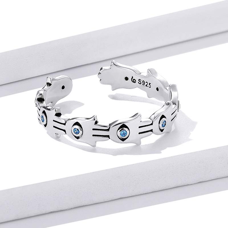 KarmaRipple's 925 Sterling Silver Hamsa Symbol Zircon Adjustable Ring p6