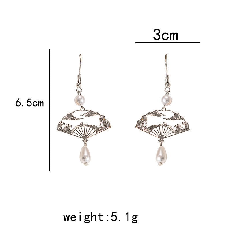 KarmaRipple's Bronze Fan Auspicious Clouds Pearl Balancing Drop Earrings p13
