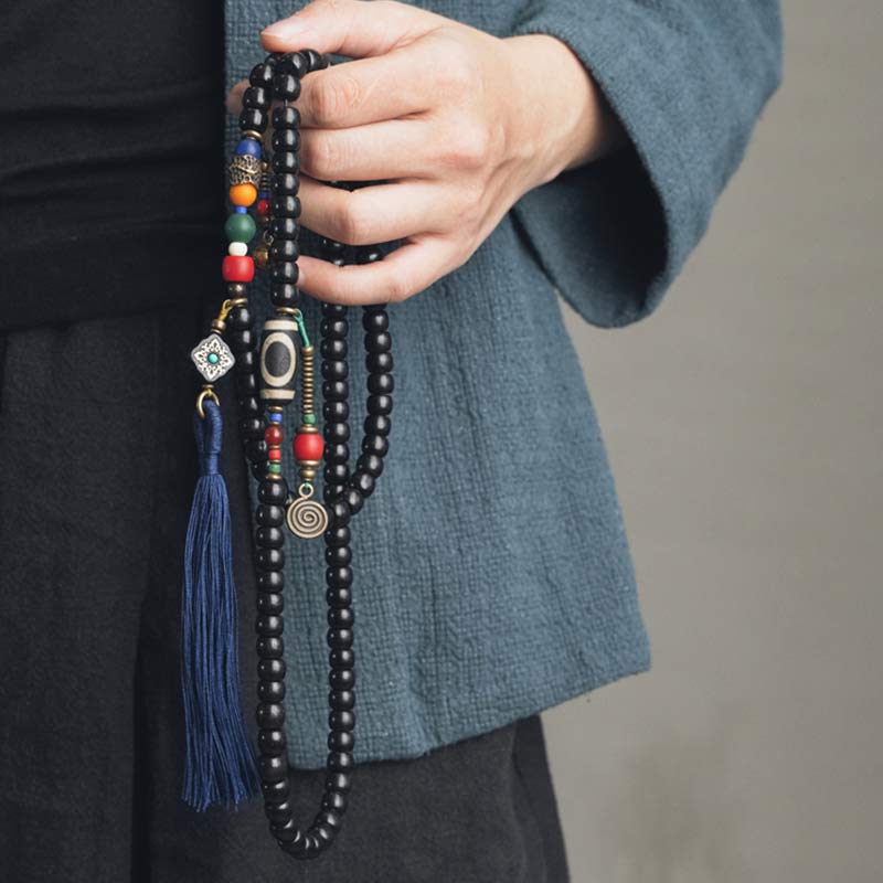 KarmaRipple's 108 Beadwork Mala Ebony Wood Dzi Bead Bronze Balance Tassel Bracelet p2