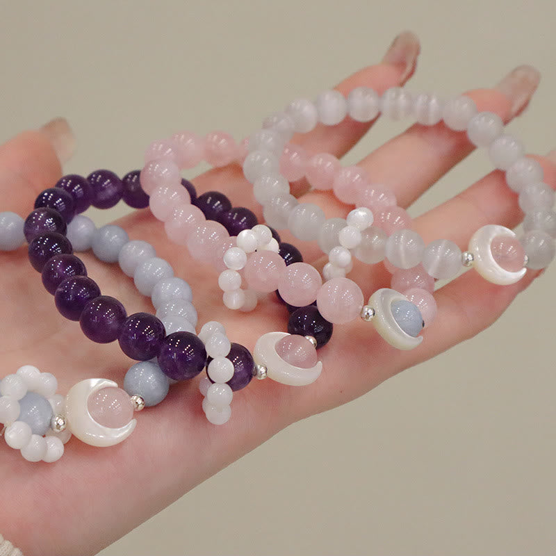 KarmaRipple's 925 Sterling Silver Authentic Amethyst Aquamarine Pink Gemstone Cat's Eye Balancing Crescent Moon Bracelet p6