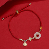 KarmaRipple's 18K Gold Plated Hetian Jade Peace Buckle Fu Character Fortune Red Rope Bracelet