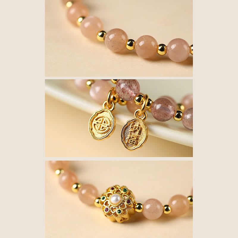 KarmaRipple's 14K Gold Plated Authentic Strawberry Quartz Labradorite Sun Stone Fu Character Positive Talisman Bracelet p16