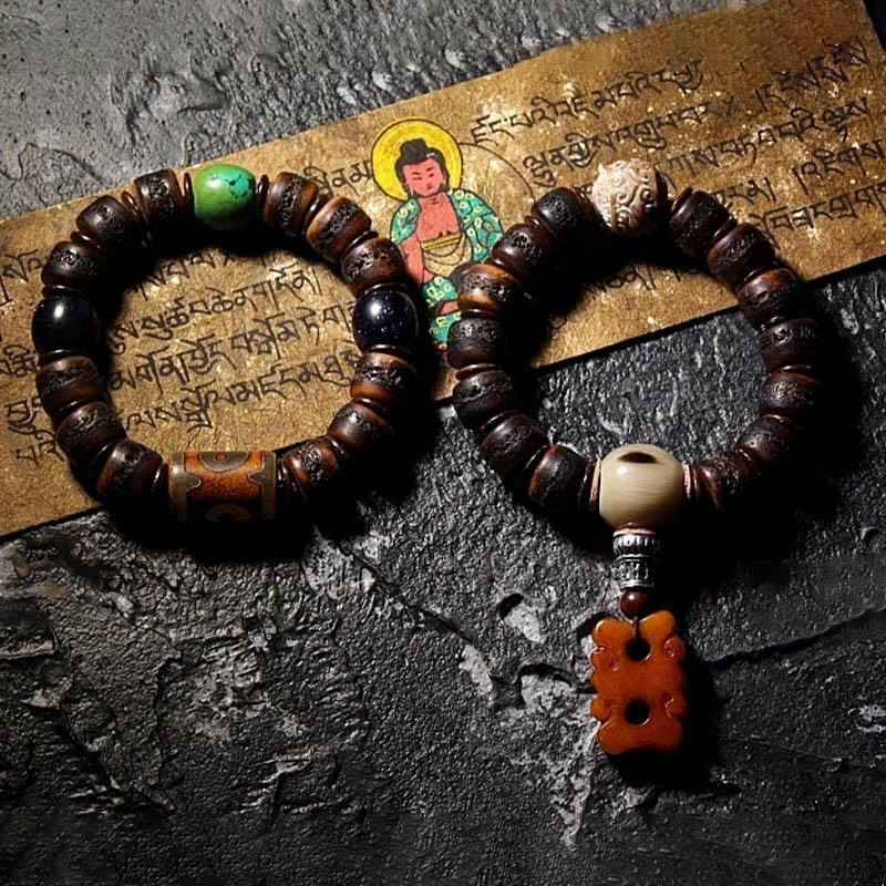 KarmaRipple's Tibetan Yak Bone Dzi Bead Turquoise Keep Away Evil Spirits Bracelet p27