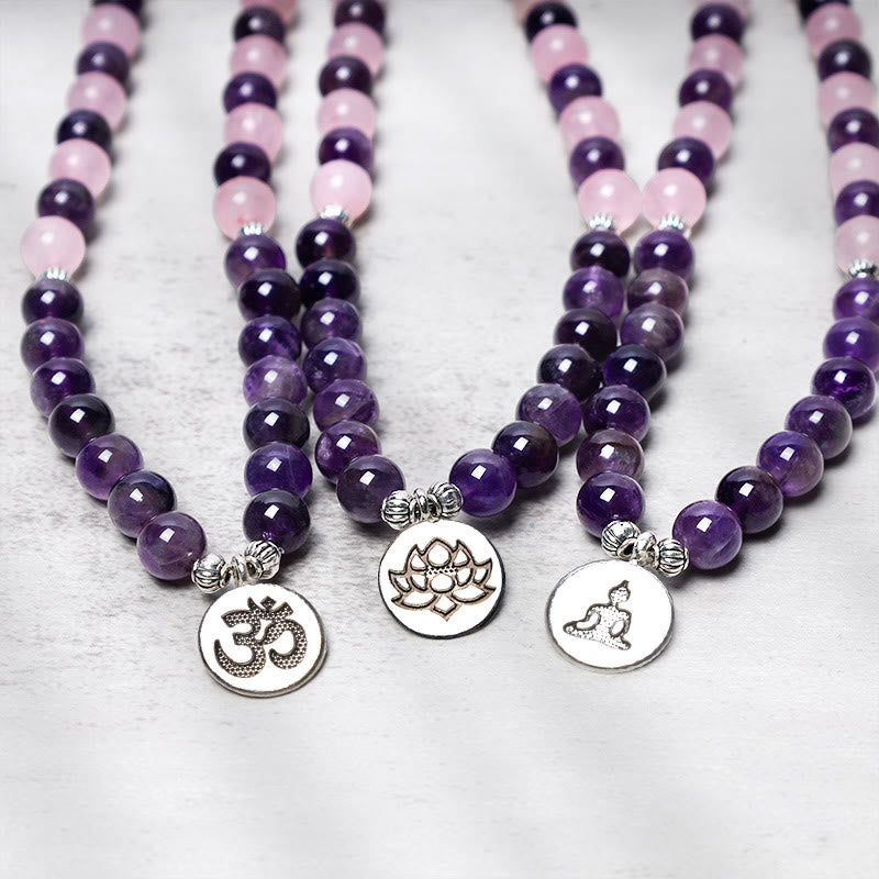 KarmaRipple's Authentic Rose Quartz & Amethyst Mala Bead Lotus Necklace Bracelet p6