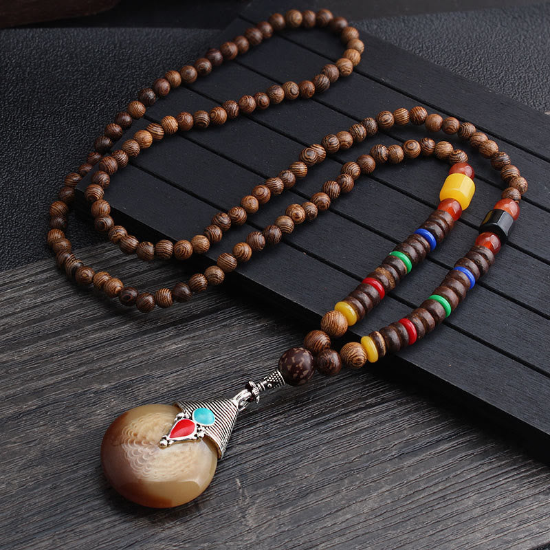 KarmaRipple's Tibetan Wenge Wood Bodhi Seed Agate Balance Peace Pendant Necklace p25